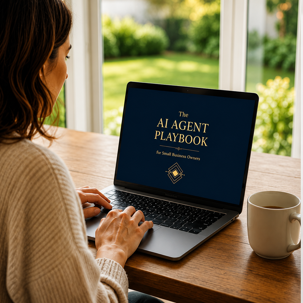 A solo business owner working on a laptop with the AI Agent Playbook on screen, coffee on the table