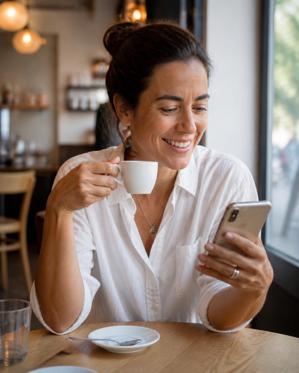 A confident solo business owner checking her phone over coffee