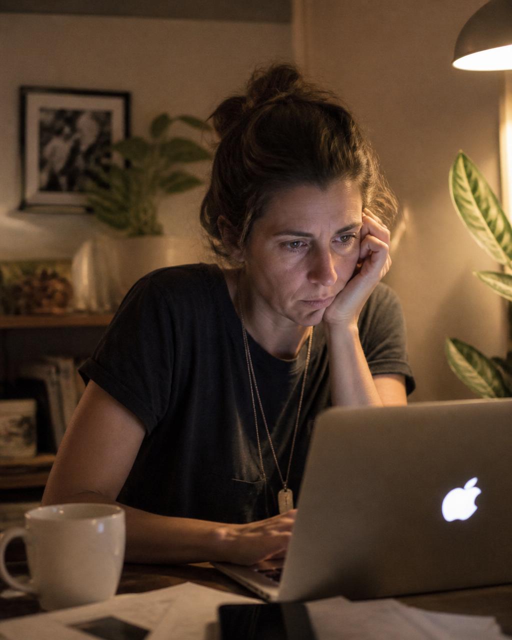 A solo business owner working late at a softly lit desk